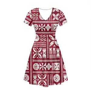 2024 Casual Jurken Voor Vrouwen Hawaiiaans Rood Design Art Print Korte Mouwen Swing Geplooide Leraar Midi Jurk