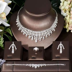 HIBRIDE, gota de agua, 4 Uds., conjuntos de joyería llamativos para mujer, regalos de fiesta de boda, circonita completa, collar nupcial de Dubái, conjunto de pendientes, - Product Image 2