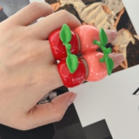 Superbe Bague Émail Fruitée, Jolie Bague Connectée Double Doigt, Thème Fruits Dessin Animé Pomme Fraise Cerise, Bague Émail Goutte d'Huile, Cadeau