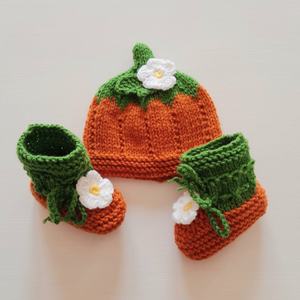 Ensemble bonnet et chaussons citrouille pour bébé, bonnet et chaussons, ensemble cadeau pour nouveau-né, chaussettes confortables en tricot, <span class=keywords><strong>chaussures</strong></span>, bonnet chaud, ensemble de 2 pièces - Product Image 1