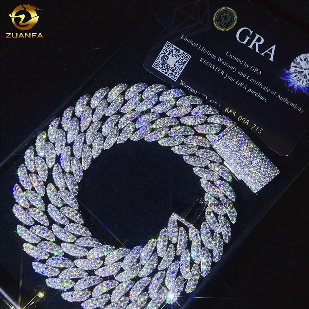 Top Quality Hip Hop Passe Tester Diamante Lua Forma Estilo 15MM 925 Sterling Silver Moissanite Cubano Link Chain