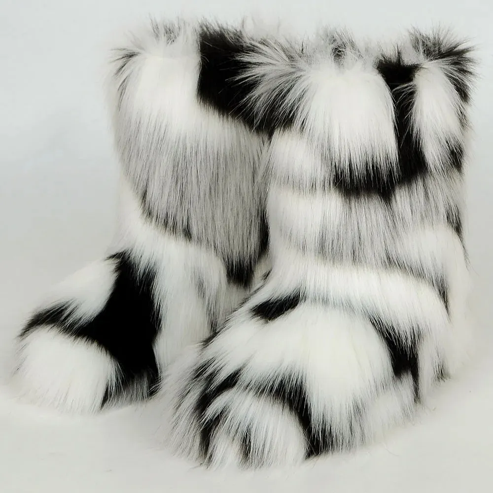 BotasฤดูหนาวFaux Furรองเท้าขายส่งปลอมRaccoon Fur Mujerสําหรับผู้หญิง 2024 สุภาพสตรีผู้ใหญ่Plushฤดูหนาวรองเท้าสําหรับชายUnisex Midi