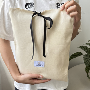 Factory Custom Logo Size Cotton Dust Bag Natural Cotton Clothes <b>Gift</b> Packing Bag with Woven Label and Ribbon - Product Image 3