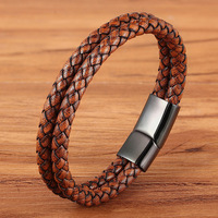 Yunse Multi Couche Hommes Poignet Main Bijoux En Acier Inoxydable Fermoir Magnétique Rouge En Cuir Véritable Bracelet Cadeau D'anniversaire Hommes