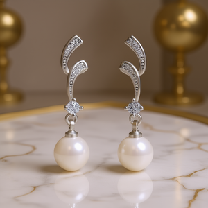 Elegantes Pendientes de Plata 925 Chapados en Oro Blanco con Perla Sintética Redonda AAA y Detalles de Diamantes para Mujer, Estilo Clásico de Boda - Product Image 2