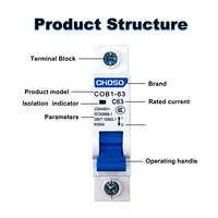 Interruptor Automático CHOSO COB1-63 AC MCB 6kA 1P, 6A 10A 16A 20A 25A 32A 40A 50A 63A Curva B/C/D PA66, Interruptor de Circuito en Miniatura para Montaje en Riel DIN 230V~