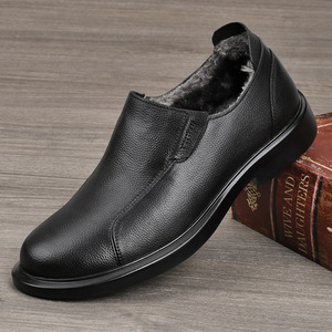 Chaussures d'hiver pour hommes en cuir véritable à bout rond, doublure en fourrure chaude, semelle extérieure en caoutchouc, semelle intermédiaire en EVA, bottes décontractées douces et confortables - Product Image 1