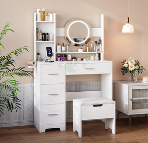 Toeletta Bianca con Illuminazione LED Regolabile, 4 Grandi Cassetti, Presa di Corrente, Tavolo e Sedia <span class=keywords><strong>per</strong></span> Trucco <span class=keywords><strong>per</strong></span> Ragazze - Product Image 2