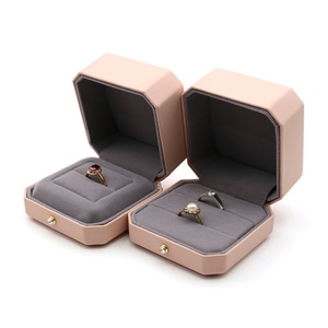 Wholesale Custom Nude Pink Octagon Jewelry <b>Box</b> Pu Leather Jewelry with Snap Button for Ring Double Ring Necklace - Product Image 2