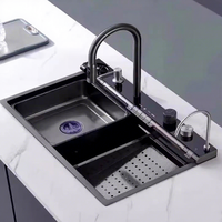 Évier de cuisine Flying Rain Waterfall en acier inoxydable 304, grand bac unique, affichage numérique intelligent avec robinet extractible
