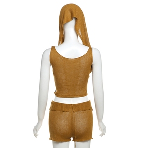 Zhezhe Nieuwe Zomer 2024 Gebreide Mouwloze Crop Top Met Capuchon En Korte Broek 2-delige Set Effen Bodycon Uitgeholde Damesset - Product Image 4