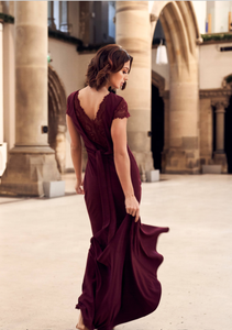 Elástico crepé encaje mangas <span class=keywords><strong>de</strong></span> encaje largo detrás <span class=keywords><strong>de</strong></span> Borgoña vestido <span class=keywords><strong>de</strong></span> dama <span class=keywords><strong>de</strong></span> <span class=keywords><strong>honor</strong></span> para boda - Product Image 3