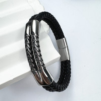 Bracelet en cuir tissé sur mesure de haute qualité en gros, 2 couches, acier inoxydable, bracelet en cuir tendance, bijoux pour hommes, bracelets