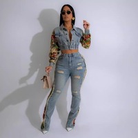 Nouvel ensemble 2 pièces en jean patchwork floral 2026 pour femme : veste courte vintage Y2K et jean déchiré