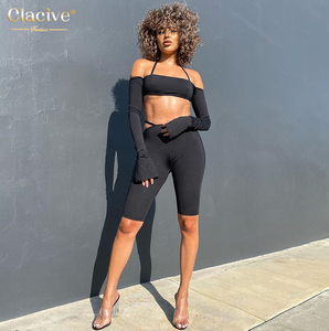 Clacive 2020 de moda de manga larga corsé Halter Tops <span class=keywords><strong>Biker</strong></span> corto negro las mujeres 2 piezas conjunto Sexy - Product Image 2
