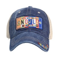 Gorra trucker con parche bordado lavado, gorra de béisbol de malla con patchwork de NOLA de Nueva Orleans, gorra de sol vintage ajustable con efecto desgastado