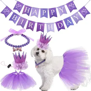 Pet doğum günü afiş bayrağı köpek kemik kolye taç iplik etek köpek doğum günü partisi dekorasyon