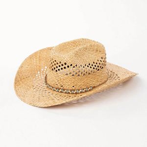 Chapeau de soleil d'été en paille de raphia tressé à la main, tendance, ajouré, style western, avec perles décoratives, pour le voyage, vente en gros - Product Image 5