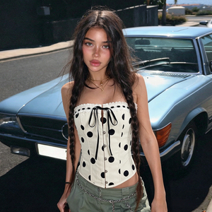 Cute Girls Breathable Knitted Polka Dot Print Lace Ribbons Shaping <b>Tie</b> Front Bandeau Top - Product Image 4