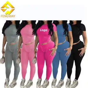 2024 Manufacturers Custom Lounge Wear Sets Summer Women Basic Shirts Leggings Comfy Ribbed 2 Piece Loungewear Women Clothes Set