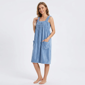 Robe de bain en tissu éponge moelleux hypoallergénique avec poches pour femme, couleur unie bleue, bretelles spaghetti, lavable en machine, pour la maison - Product Image 4