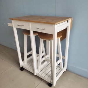 Tavolo pieghevole da cucina in legno con due sgabelli negozio sotto il carrello, <span class=keywords><strong>4</strong></span> rotelle, 2 <span class=keywords><strong>cassetti</strong></span> portaoggetti, rotondo, naturale - Product Image 2