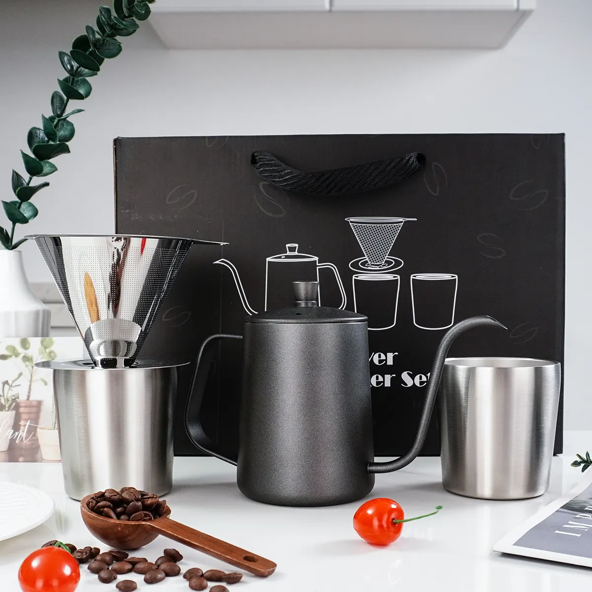 Christmas Premium Gift Box Reusable Stainless Steel Coffee Pot Filter Tools Drip Hand Espresso Pour Over v60 Coffee Maker Set