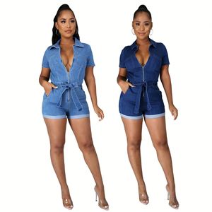 Bestseller SMR9715 Combinaison courte en jean pour femme, manches courtes, une pièce, avec ceinture, tendance été - Product Image 6