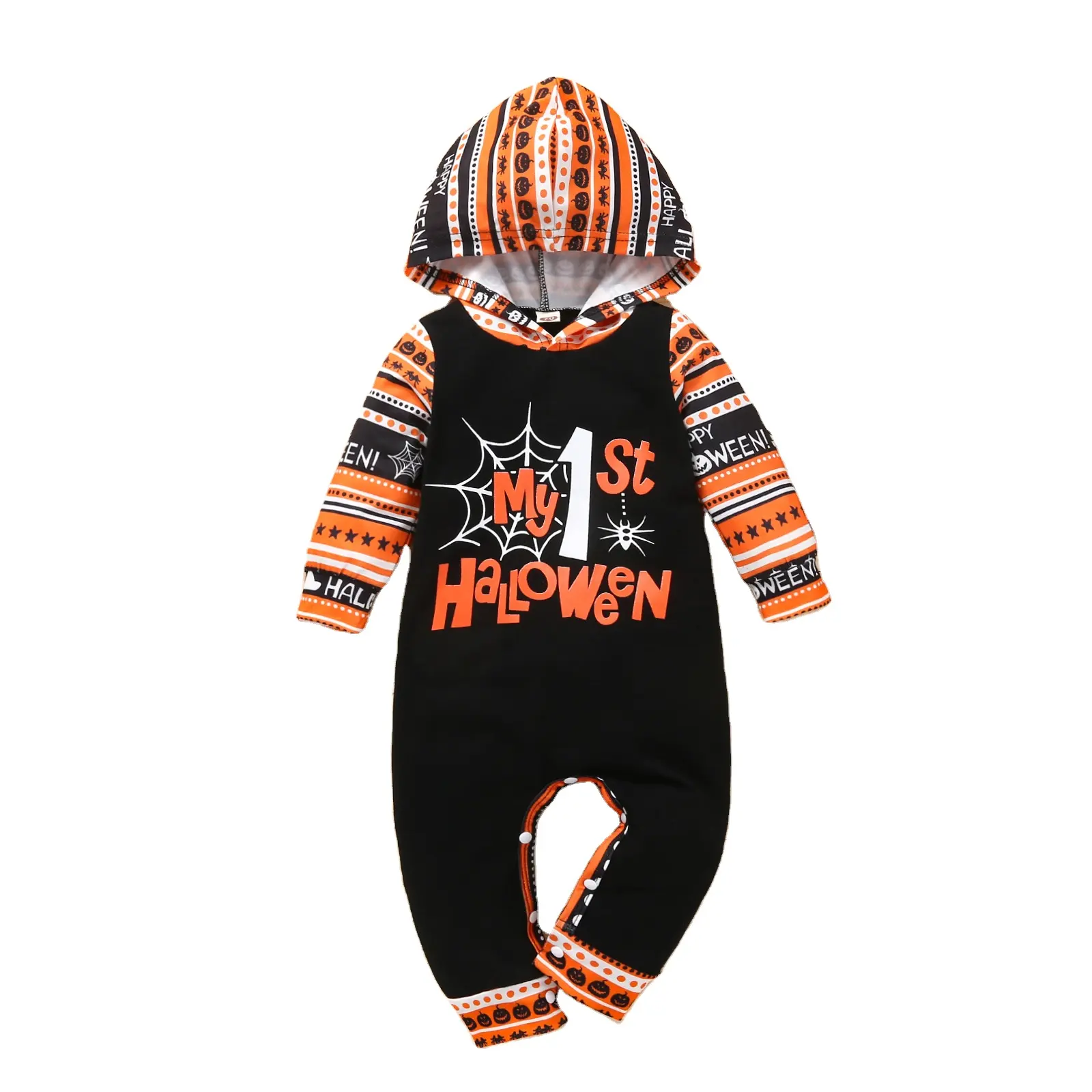 Pasgeboren Winter Herfst Katoen Jongen Meisjes Baby Zwart Oranje Pompoen Lange Mouw Unisex Rompertjes Baby Halloween Hooded Bodysuit