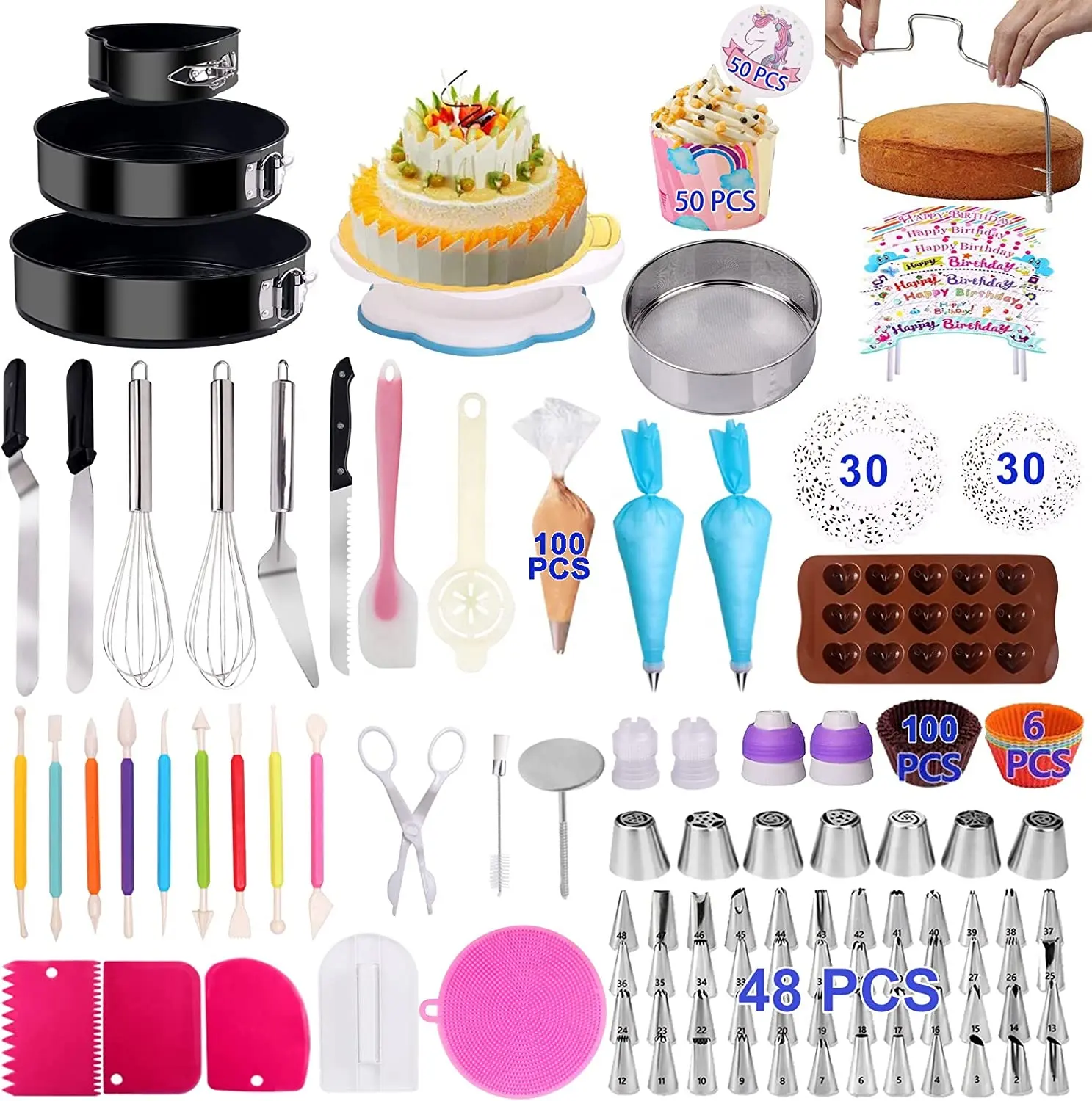 466 PCS Baking Set with Springform Cake Pans Set Cake Decorating Supplies Kit Rotating Turntable Stand Russian Nozzles for Cake