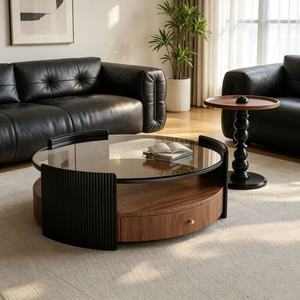 Set di Tavolini da Caffè Moderni ed Ecologici in Vetro Marrone con Cassetto in <span class=keywords><strong>Legno</strong></span> e Dettagli Neri per Soggiorno - Product Image 2