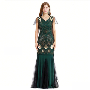 Elegante <span class=keywords><strong>Vestido</strong></span> de Noche Largo de Gasa Estilo Sirena Vintage para Mujer, con Cuello en V, Bordado y Pedrerí<span class=keywords><strong>a</strong></span>, para Fiesta o Evento Formal - Product Image 3