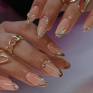 <span class=keywords><strong>Uñas</strong></span> Postizas Almendradas - <span class=keywords><strong>Uñas</strong></span> Francesas con Diseño de Línea Dorada - <span class=keywords><strong>Uñas</strong></span> Postizas Medianas - para Mujer, 24 Piezas - Product Image 1