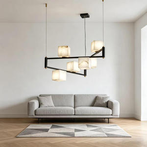 Lámpara colgante LED moderna de hierro negro lineal con pantallas cuadradas de alabastro para sala de estar, luz blanca cálida de 3500K - Product Image 2