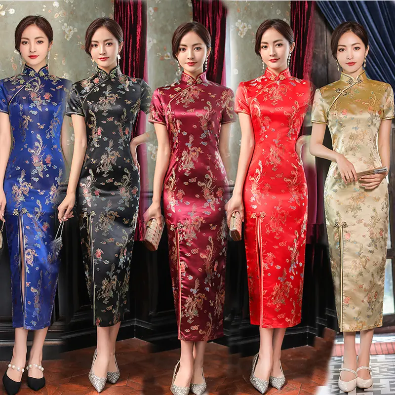 ฤดูร้อนจีนแบบดั้งเดิมชุด Noble Qipao แขนสั้นพิมพ์ Qipao จีนสลิมฟิต Retro Forecourt Qipao ชุด