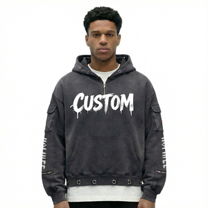 Felpa <span class=keywords><strong>con</strong></span> cappuccio da <span class=keywords><strong>uomo</strong></span> all'ingrosso <span class=keywords><strong>con</strong></span> <span class=keywords><strong>mezza</strong></span> <span class=keywords><strong>zip</strong></span>, 100% cotone, oversize, streetwear, 400 g/m², vestibilità squadrata, personalizzabile, lavaggio acido, pesante, per <span class=keywords><strong>uomo</strong></span> - Product Image 2