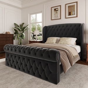 Letto Moderno di Lusso con Rivestimento in Velluto, Telaio Regolabile Durevole, Capacità di Carico 450 kg, Misura King/Queen, in Quercia - Product Image 1