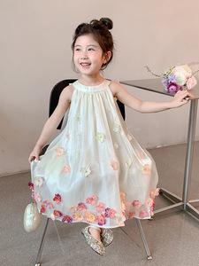 Vestito Estivo per Bambine con Collo all'Americana e Motivi Floreali, Linea A, Nuova Moda 2026 - Product Image 3