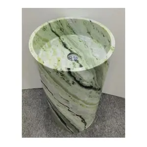 High Quality European Design Unique Green Marble Bathroom One Piece Round Floor Pedestal Washbasin Sink Basin