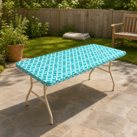 Nappe de table rectangulaire jetable en PEVA avec motif losanges bleu sarcelle et blancs, bord élastique, imperméable, pour événements