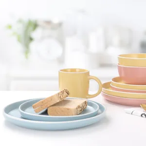 Prato de cerâmica para jantar, caneca para jantar redonda, azul amarelo rosa, prato de cerâmica, marin, preço único