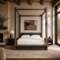 Cama con Dosel Moderna Estilo Wabi Sabi en Roble Oscuro, con Estructura de Madera Sólida, Acabado en Madera Clara, Duradera y Cómoda para Villas Privadas