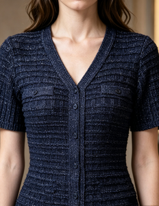 <span class=keywords><strong>Vestido</strong></span> Elegante de Punto con Botones y Cuello en V, Manga Corta, Personalizado al por Mayor - Product Image 3
