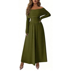 Vestido largo de manga larga con hombros descubiertos para mujer, vestidos formales fluidos, a la moda - Product Image 6