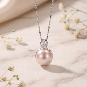 Copper Bezel Oval CZ Top <b>Large</b> Round Freshwater <b>Pearl</b> Pendant <b>Necklace</b> Box Chain Classic Luxury Jewelry for Women - Product Image 3