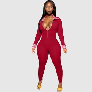 Combinaison moulante à fermeture éclair, col rabattu, couleur unie, mode féminine - Product Image 6