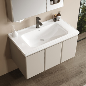 Meuble de salle de bain mural <span class=keywords><strong>en</strong></span> acier inoxydable antirouille beige à trois portes <span class=keywords><strong>avec</strong></span> miroir intelligent et écran LED chaud, style contemporain - Product Image 5