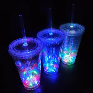450ml New Design LED Double Wall Tumble Cups Acrylic Clear BPA Free Double Wall Straw Cups with Lid