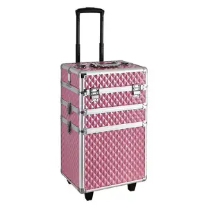 Professional Makeup Trolley Case, Luggage Cosmetic Cases 3-in-1 Aluminium for Makeup Nail Beauty Salon Tattoo (Pink)