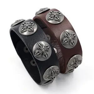 Bijoux Punk Vintage en alliage de métal Rivets bouton-pression larges poignets en cuir Bracelets pour hommes